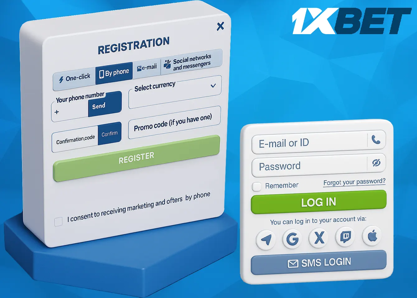 1xBet registration and login to the app — quick access via phone, email, social networks and saved data